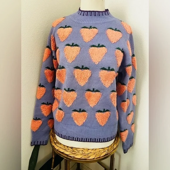 NWOT Strawberry Pattern Sweater lavender peach pink purple - Picture 4 of 5
